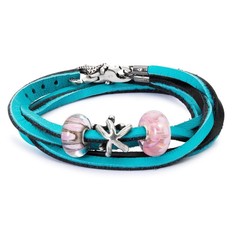 Bracelet Trollbeads Double Tour Cuir Bleu Noir, bracelet en cuir cyan et noir, double tour, élégant 