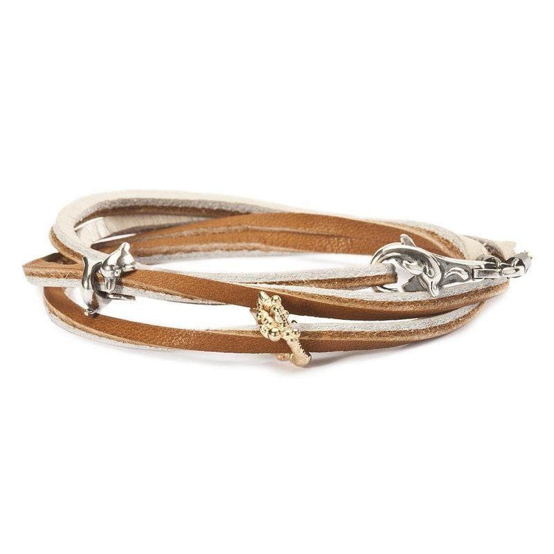 Bracelet Trollbeads Double Cuir Marron, packshot du bijou en cuir véritable marron et beige signé TR