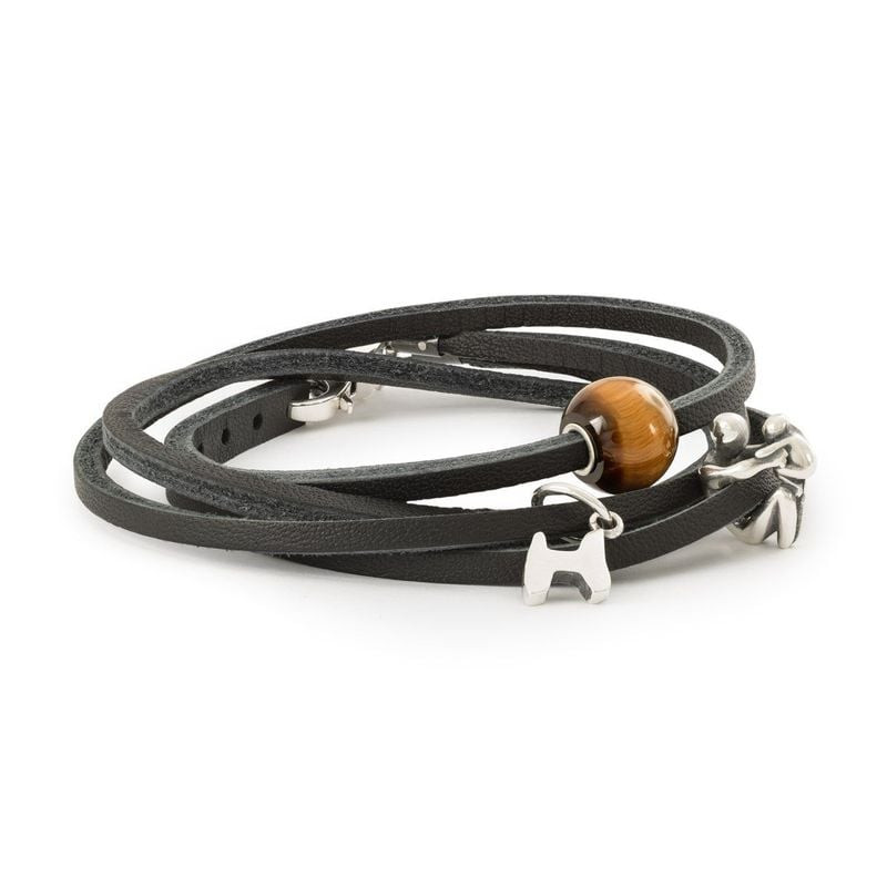 Bracelet Trollbeads en cuir noir avec perle œil-de-tigre et breloques argent os et figurine