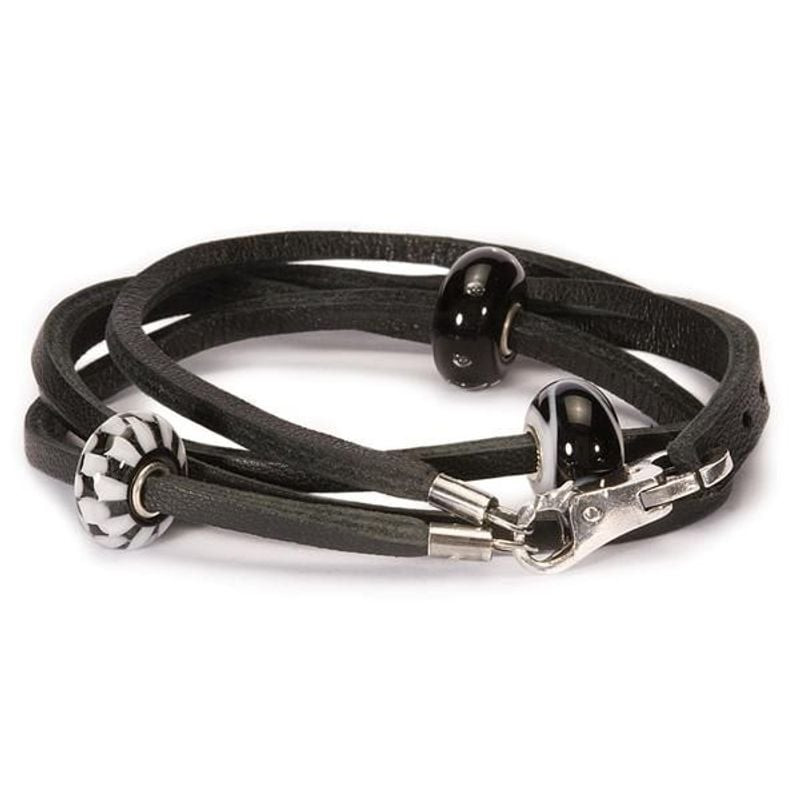 Bracelet Trollbeads en cuir noir double tour orné de perles de verre noires brillantes et fermoir ar