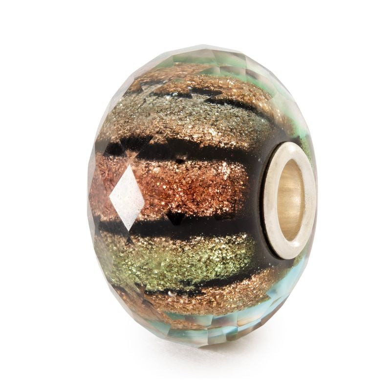 Perle Trollbeads Plaisirs d'Hiver en verre de Murano facetté, rayures scintillantes dorées, vertes e