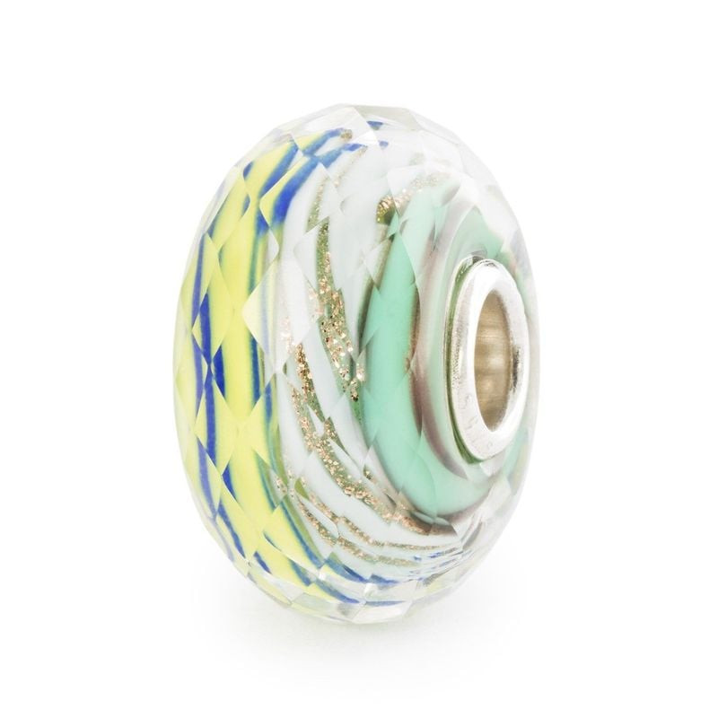 Perle Trollbeads Vie Actuelle en verre de Murano facetté, rayures jaunes, bleues et menthe, paillett
