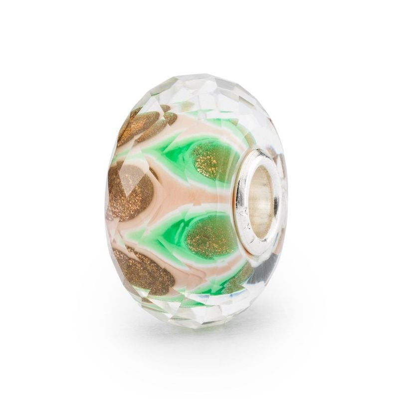 Perle Trollbeads Emerald Symphony en verre facetté, motif mandala feuilles vertes et roses, paillett