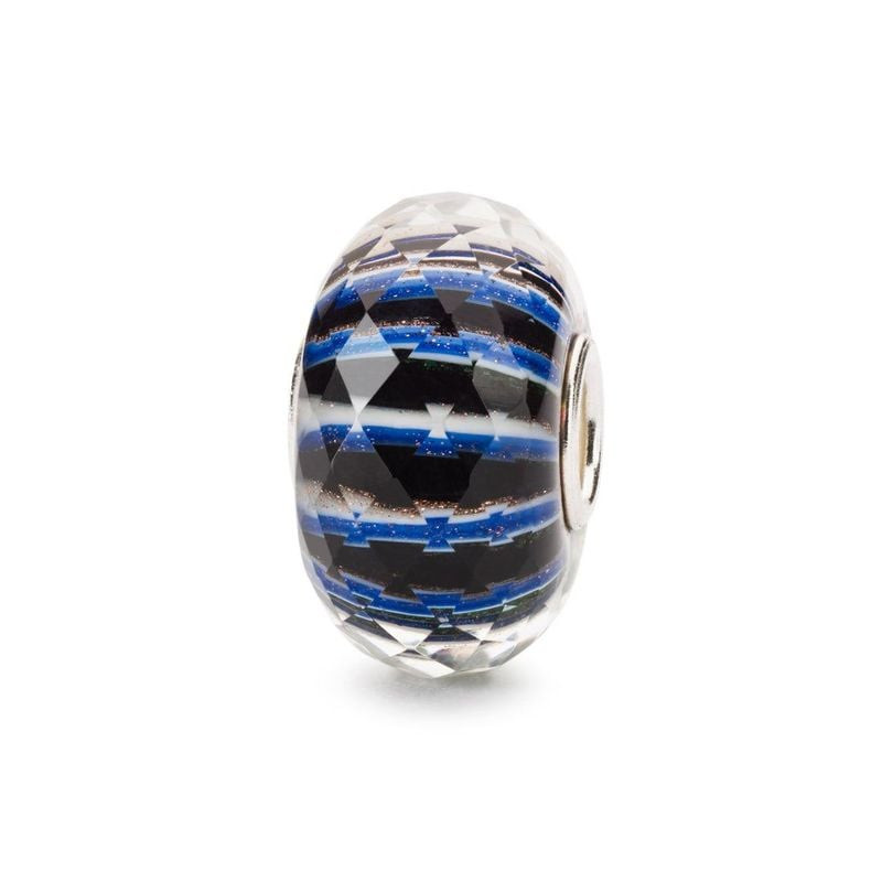 Bille de verre Trollbeads Choice Verre faite main avec rayures bleu, noir et blanc et paillettes sur