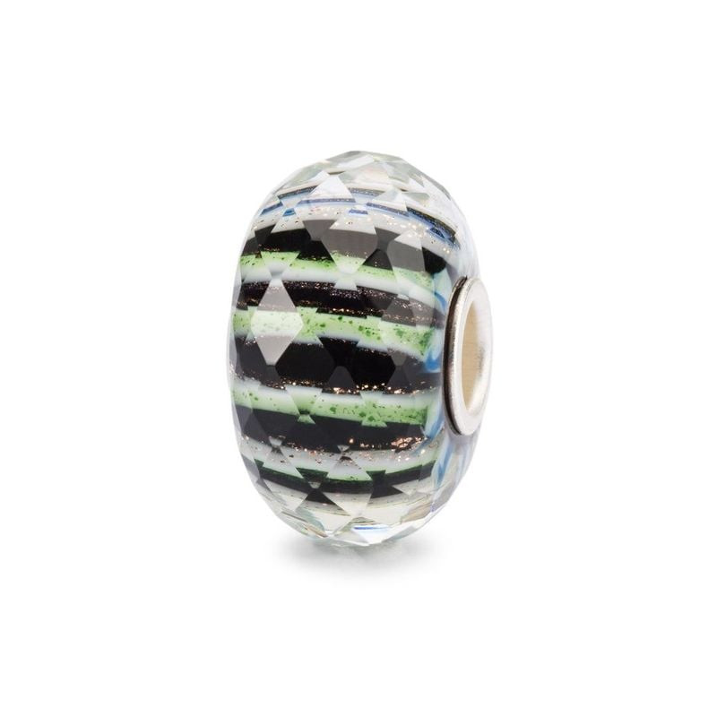 Bille en verre artisanale Trollbeads Choice Verre à rayures vertes, noires et blanches scintillantes