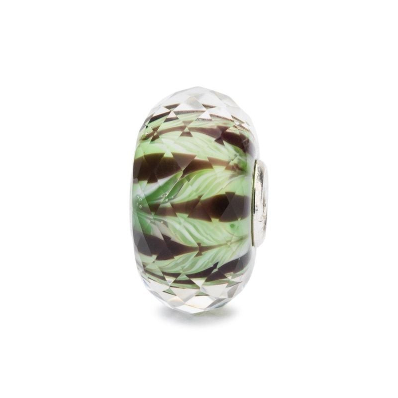 Perle de charme Trollbeads Jungle en verre de Murano facetté, motif de feuilles vertes et brunes, is
