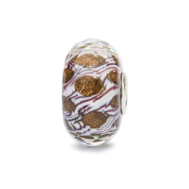 Perle TROLLBEADS Île déserte facettée en verre de Murano avec paillettes dorées et volutes blanc et 