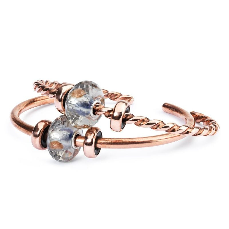 Perle Trollbeads Éclat du Jour Facettée Verre Gris, édition limitée, éclats de cuivre et cœur argent