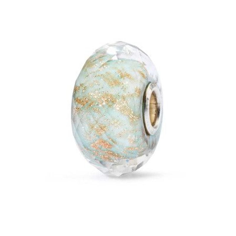 Perle de charme Trollbeads Méditation en verre vert menthe pâle, paillettes dorées, surface facettée