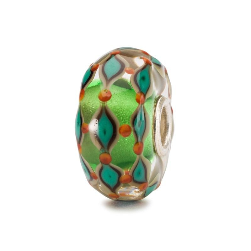 Perle Trollbeads Champ Vert en verre fait main, cœur vert, motif losange bleu canard et points orang