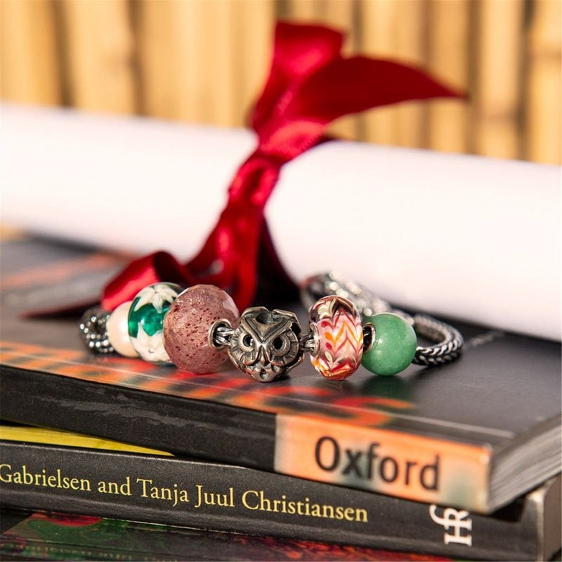 Perle Trollbeads Histoire d'amour sur bracelet en argent avec charms verre, pierre et chouette sur l