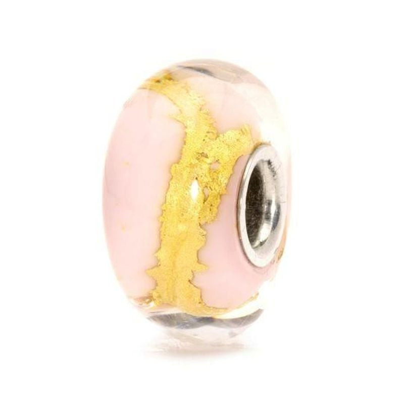 Perle Trollbeads Or rose en verre rose pâle, motif zigzag en feuille d'or rose et cœur en argent ste