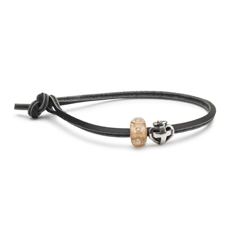 Bille Trollbeads Shimmer Bubble Joy sur bracelet en cuir noir avec breloque en argent