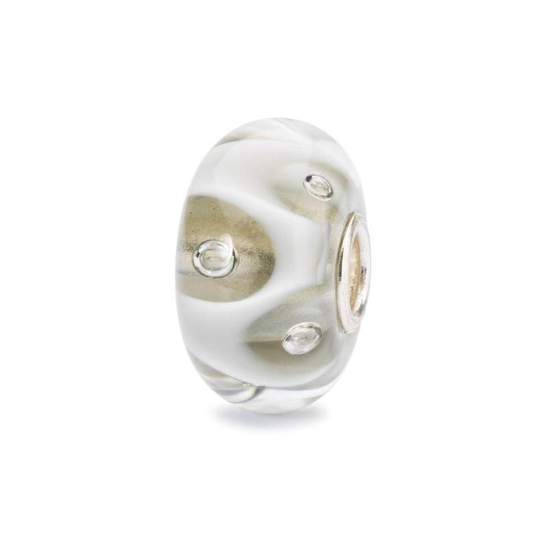 Perle de charme Trollbeads Drops of White en verre fait main, volutes blanches nacrées et cœur en ar