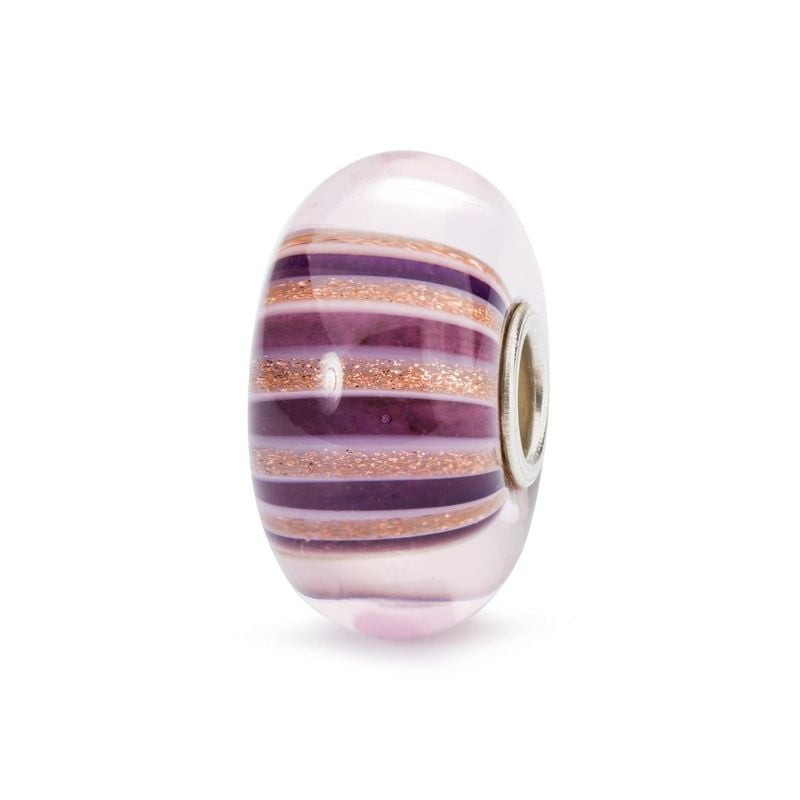 Perle en verre Trollbeads Traînée d’étoiles avec des rayures violettes et roses et des paillettes de