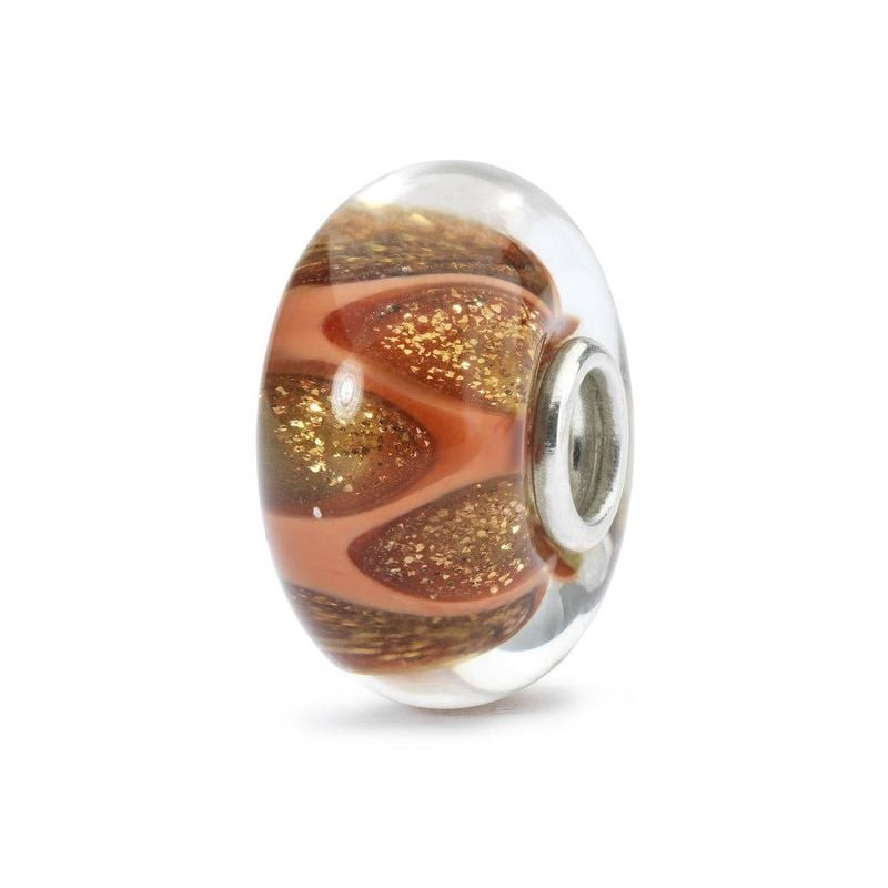 Packshot de la Perle Trollbeads Rires et amour Verre Doré, orange brûlé et paillettes dorées