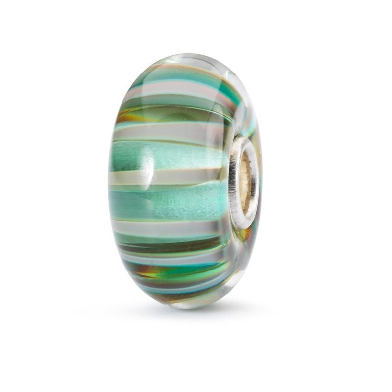Perle Trollbeads Sage Bambou en verre, rayures bleu sarcelle, vertes et blanches, cœur en argent ste