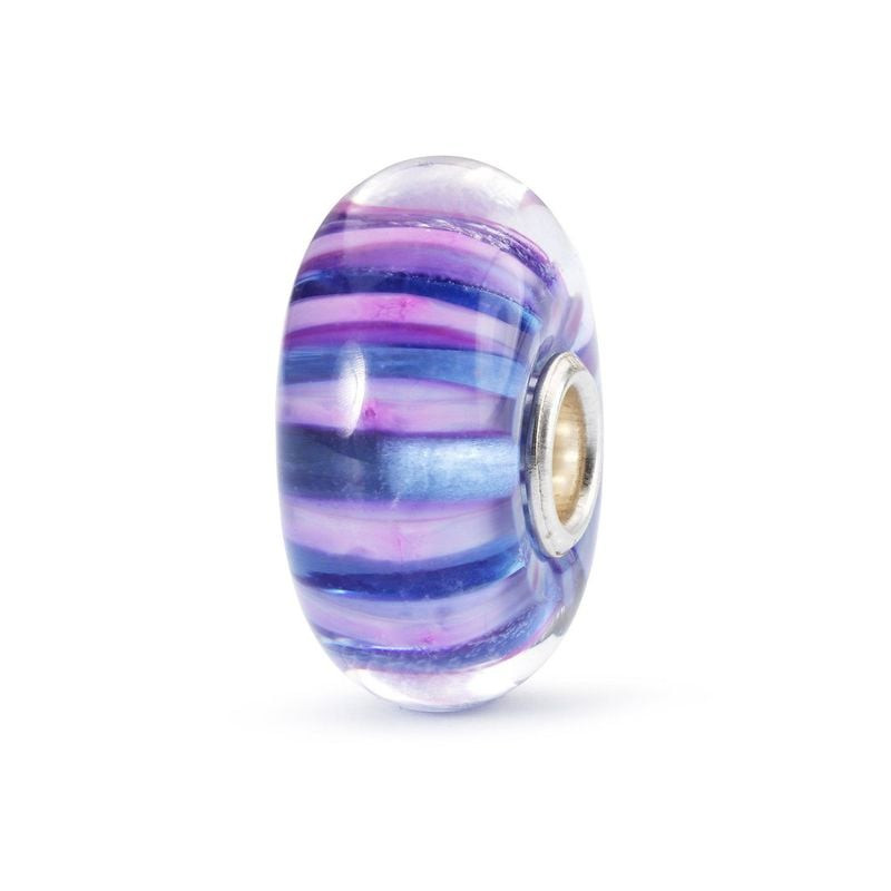 Perle de verre Trollbeads Lignes violettes à rayures violettes et bleues superposées, âme en argent 