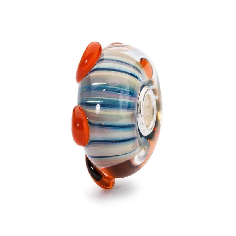 Perle Trollbeads Étamine de vie en verre de Murano vue de côté, rayures bleues et beiges avec points