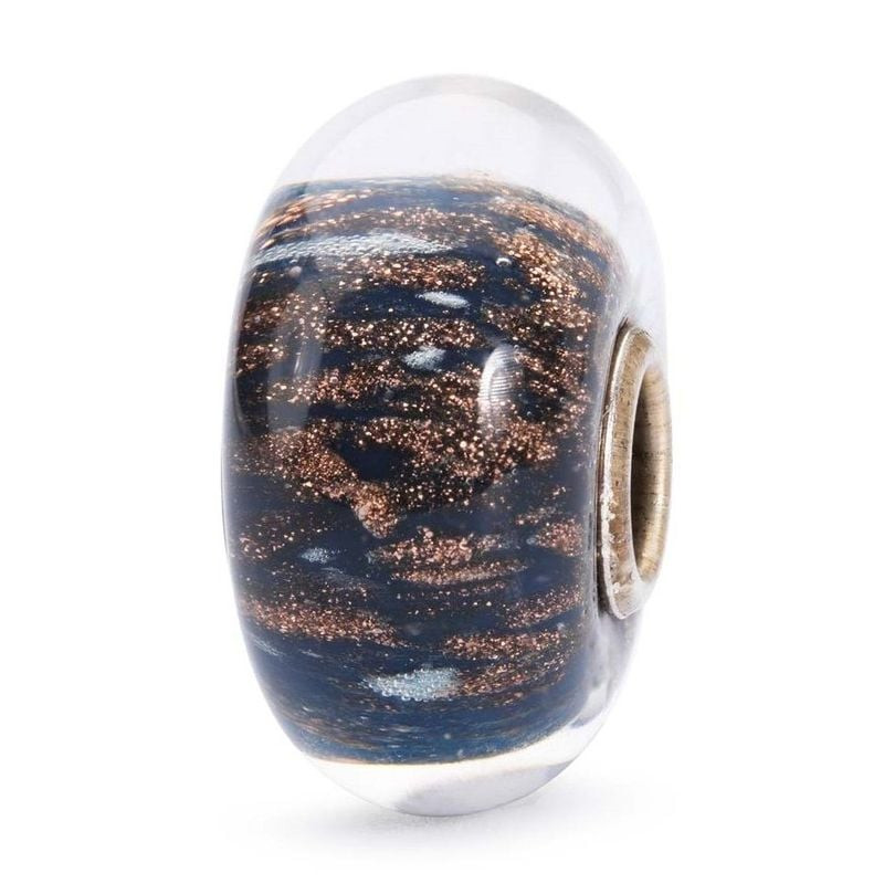 Perle Trollbeads Pureté en verre de Murano bleu marine, paillettes cuivrées scintillantes et cœur en