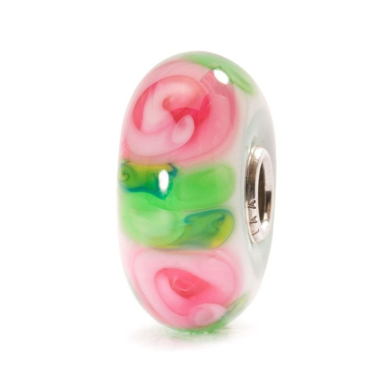 Perle de verre Trollbeads Rose avec motif de pétales de rose roses et verts et noyau en argent sterl