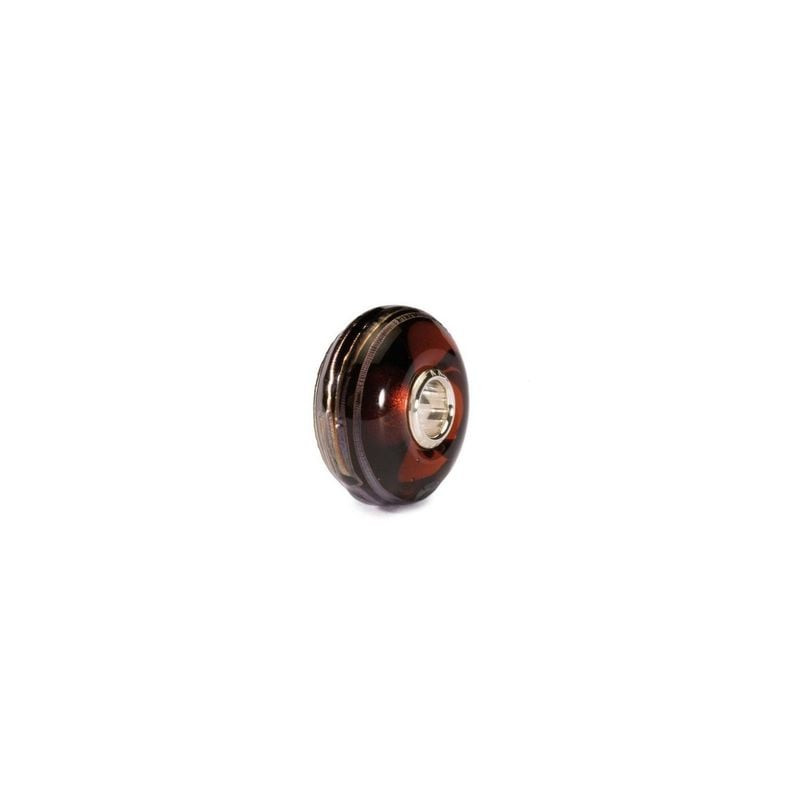 Perle de charme Trollbeads Fil d'or brun en verre sur fond blanc, vue inclinée montrant fils dorés e