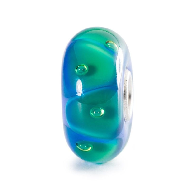 Perle Trollbeads Bulles de brume en verre, bleu et vert avec bulles internes, cœur en argent, fond b