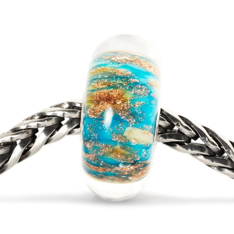 Perle Trollbeads Palais Antique en verre de Murano sur chaîne argentée, turquoise à paillettes dorée