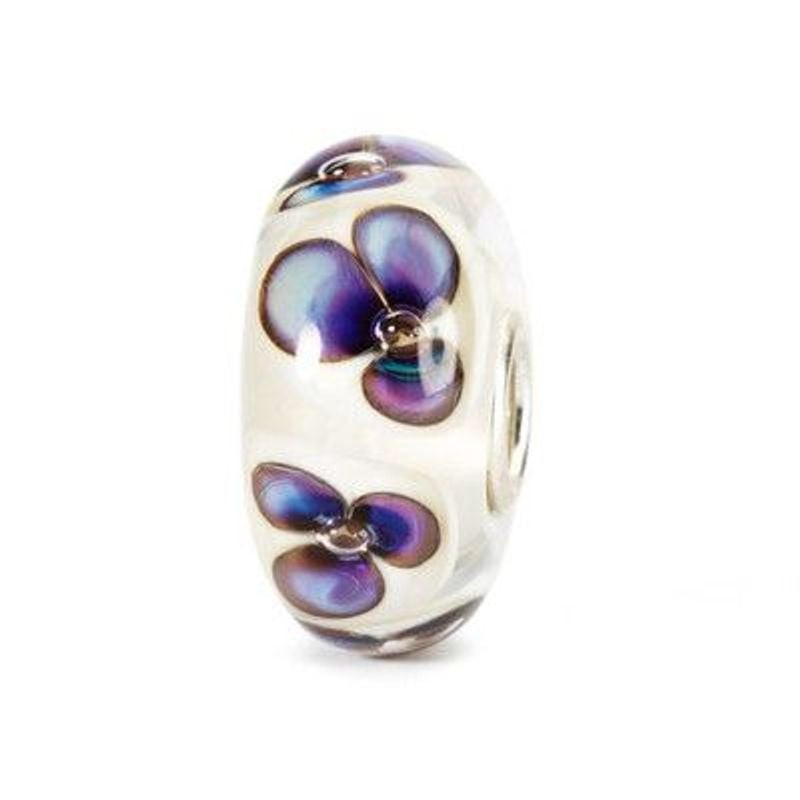 Charme Trollbeads Violettes ivoire en verre avec fleurs de violettes pourpres sur fond ivoire nacré