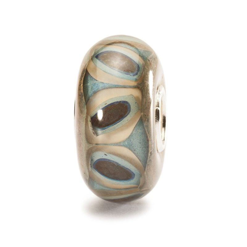 Perle Trollbeads Grès en verre avec motif tourbillonnant bleu canard, beige et bleu et cœur en argen