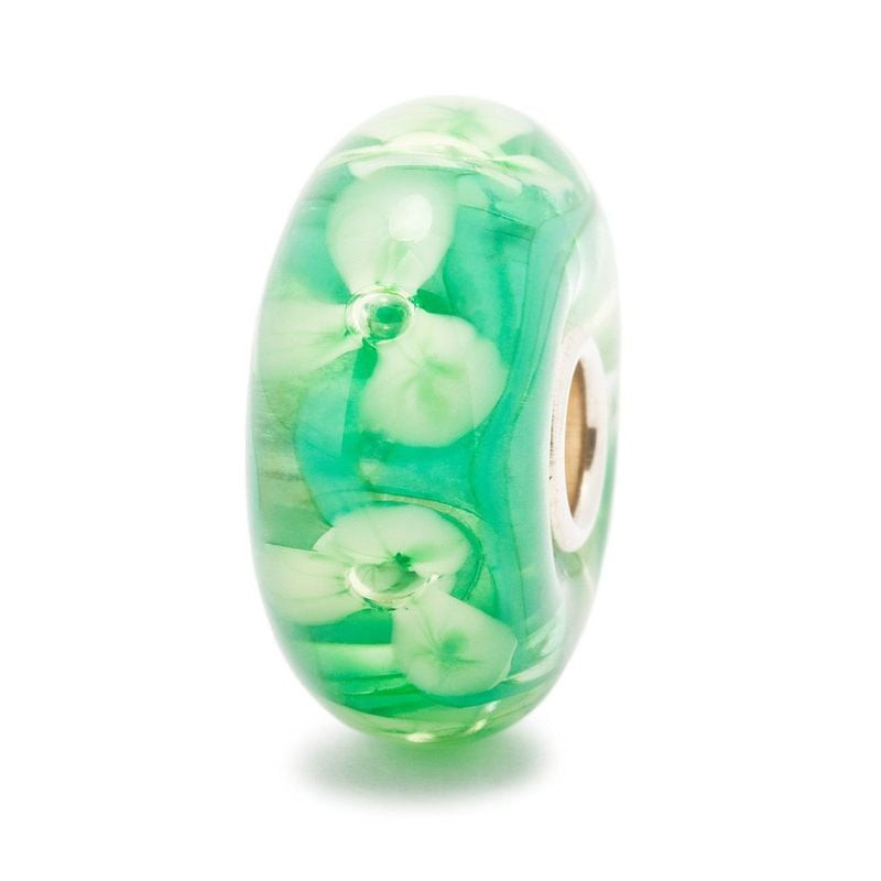 Perle de charme Trollbeads Anémones des bois en verre, murrine florale verte et blanche, âme en arge