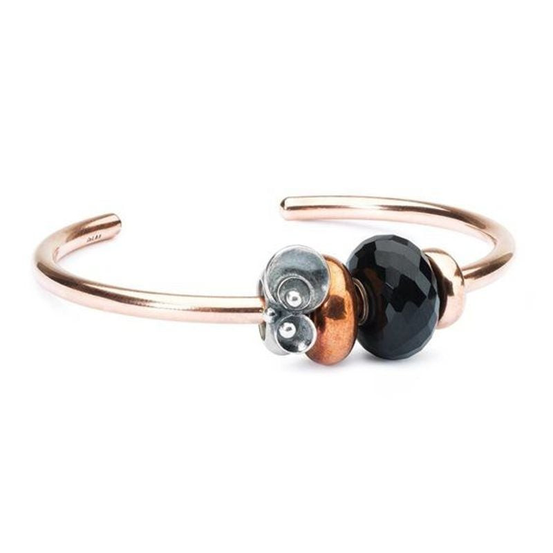 Jonc Trollbeads en cuivre avec perle chouette en argent, perle en verre noir facetté et stoppeurs