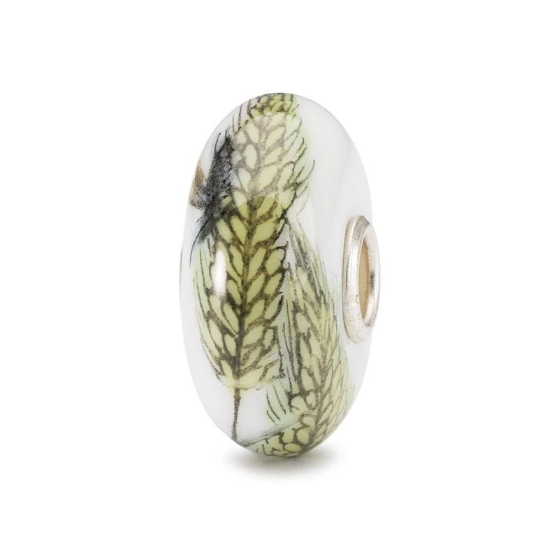Perle Trollbeads en porcelaine blanche peinte à la main, motif de graines de blé vertes et jaunes, v