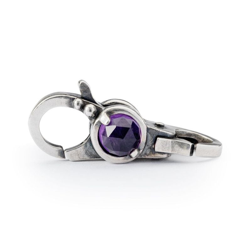 Fermoir Trollbeads en argent massif avec une améthyste violette à facettes, un détail feuille et des