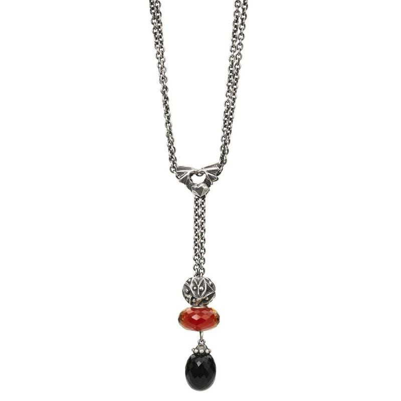 Collier lariat Trollbeads long en argent avec cœur, agate rouge et perles d’onyx noir