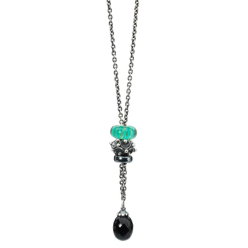 Collier Trollbeads en argent avec perle de verre turquoise, perle en argent et pendentif onyx noir f