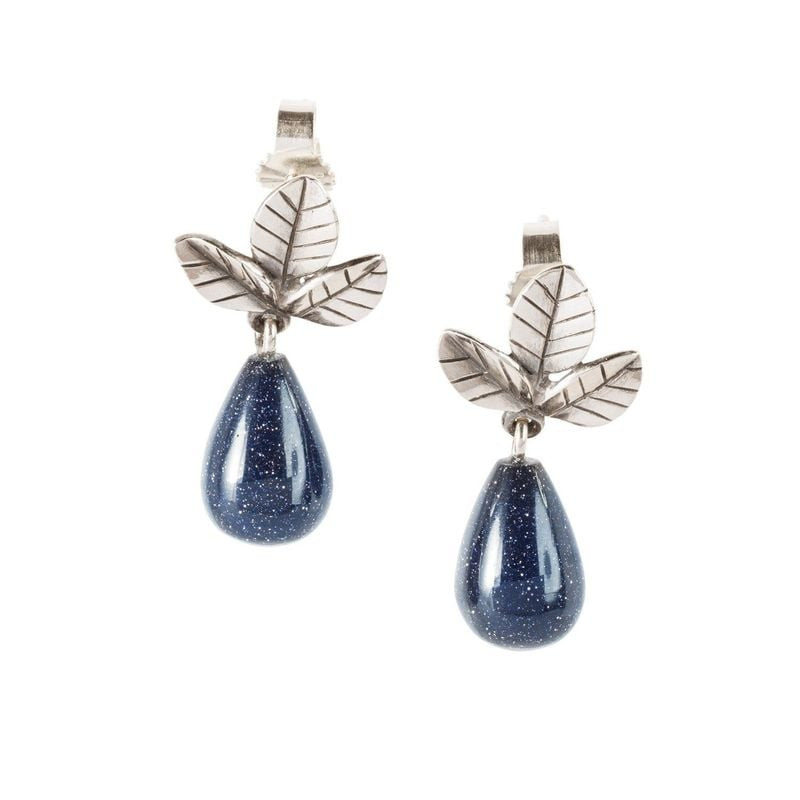 Boucles d'oreilles Trollbeads Feuilles de Force en argent sterling avec des gouttes en goldstone ble
