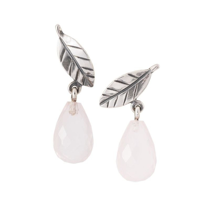 Boucles d'oreilles puces Trollbeads Leaves of Love en argent, motif feuille et goutte de quartz rose