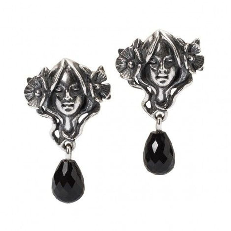 Boucles d’oreilles pendantes Trollbeads Fille nature en argent avec visage de fée et pierre noire en