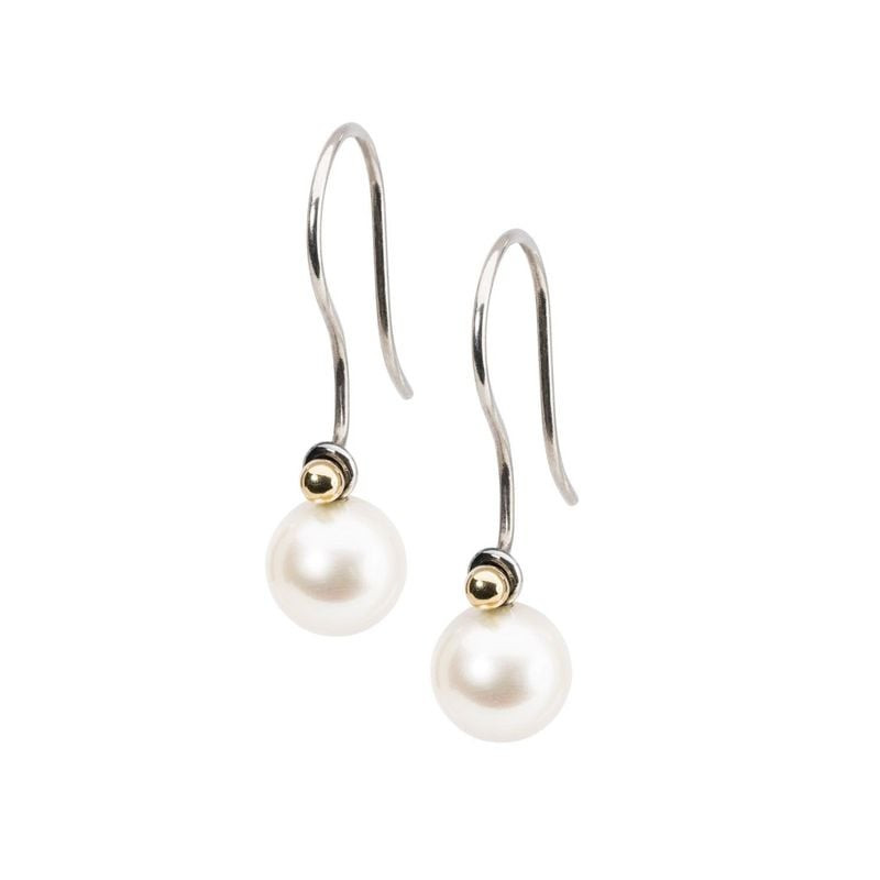 Boucles d'oreilles gouttes Trollbeads en perles blanches, crochets argent 925 et petite bille dorée 