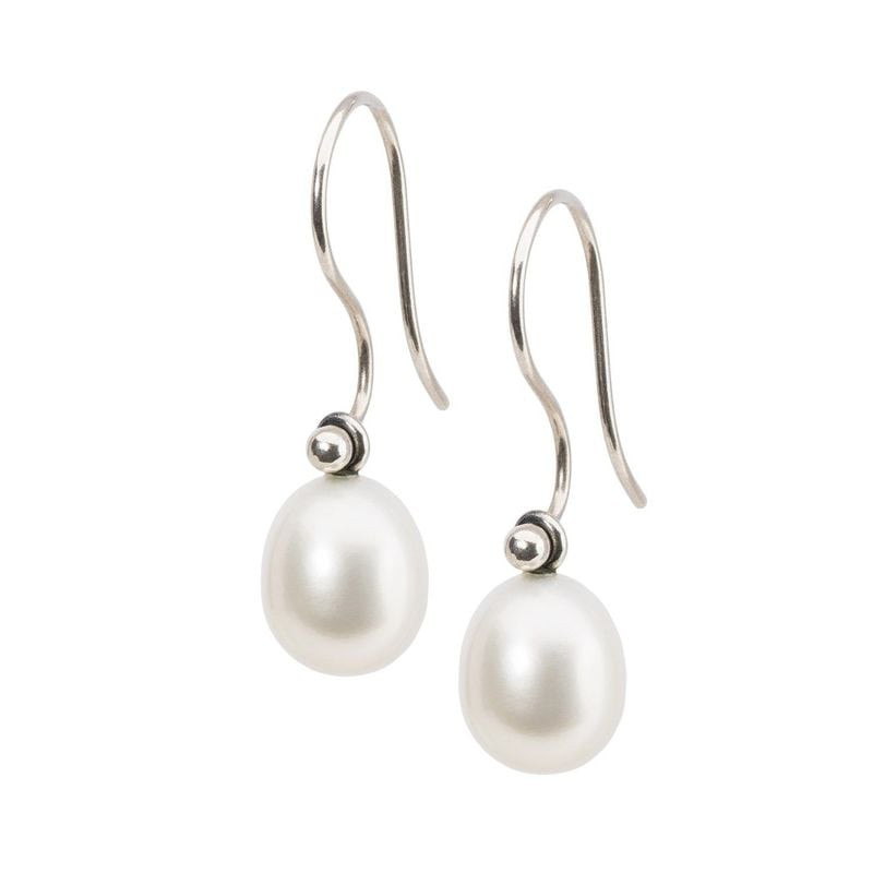 Paire de boucles d'oreilles Trollbeads gouttes ovales perle blanche sur crochets d'oreilles français