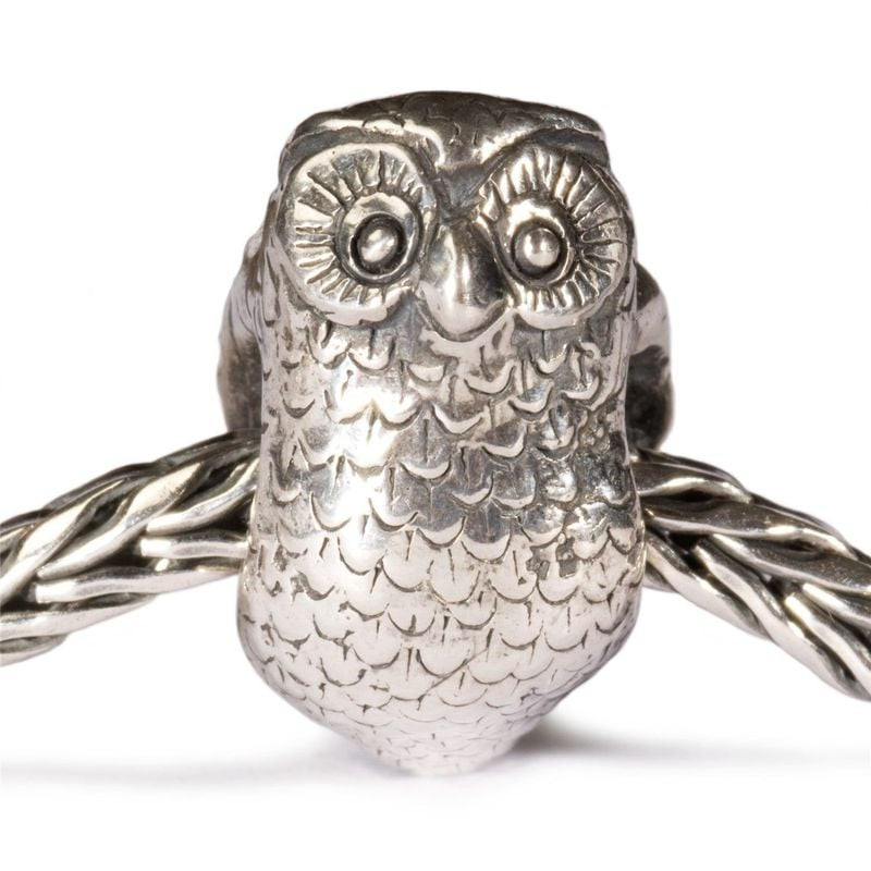 Gros plan de face sur la perle de charme Trollbeads Hibou en argent 925 avec plumes gravées, montée 