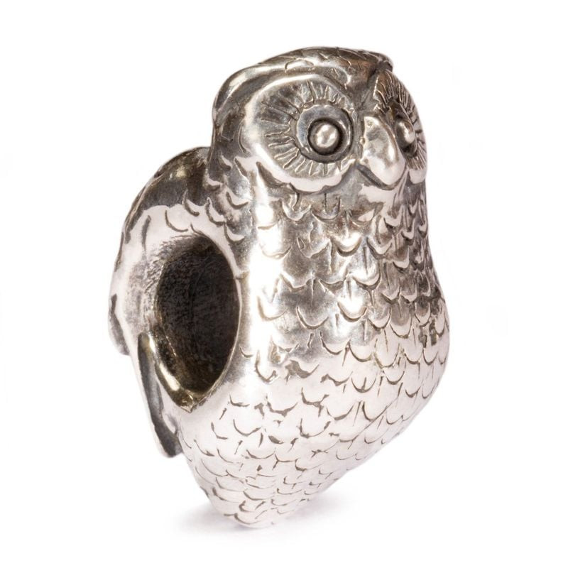 Vue de profil de la perle Trollbeads Hibou en argent 925, trou de passage et gravure de plumes détai