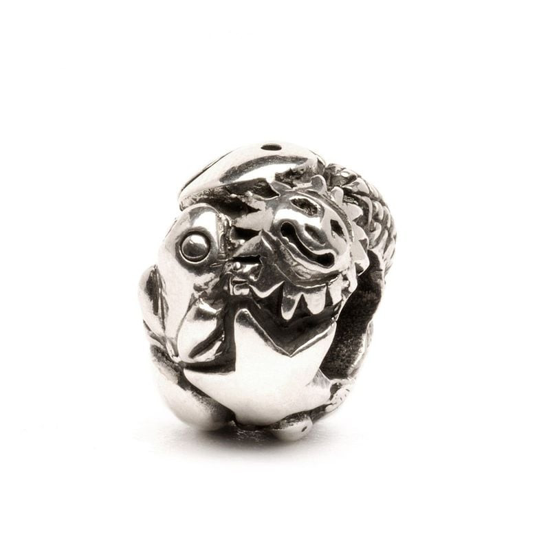 Gros plan sur la bille argentée Trollbeads Symboles révélant des motifs gravés d'animaux et d'étoile