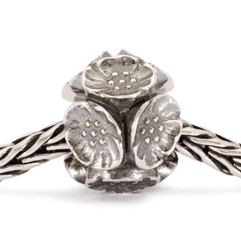 Charm Trollbeads Fleurs de cerisier en argent enfilé sur un bracelet tressé en argent, vue produit s