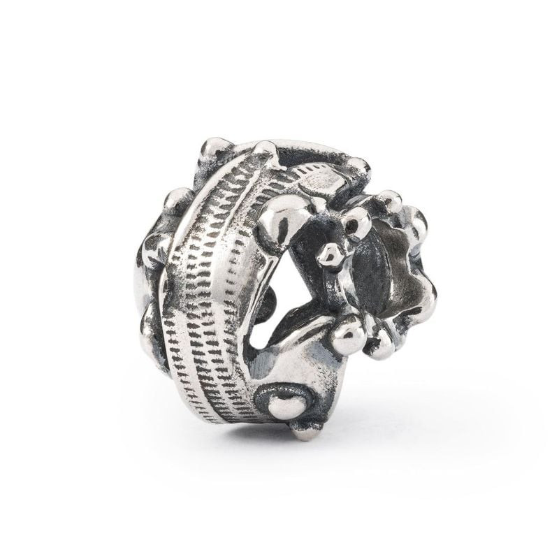 Perle charm Trollbeads Terre Fleurie en argent sterling avec pétales et herbe en relief sur fond bla