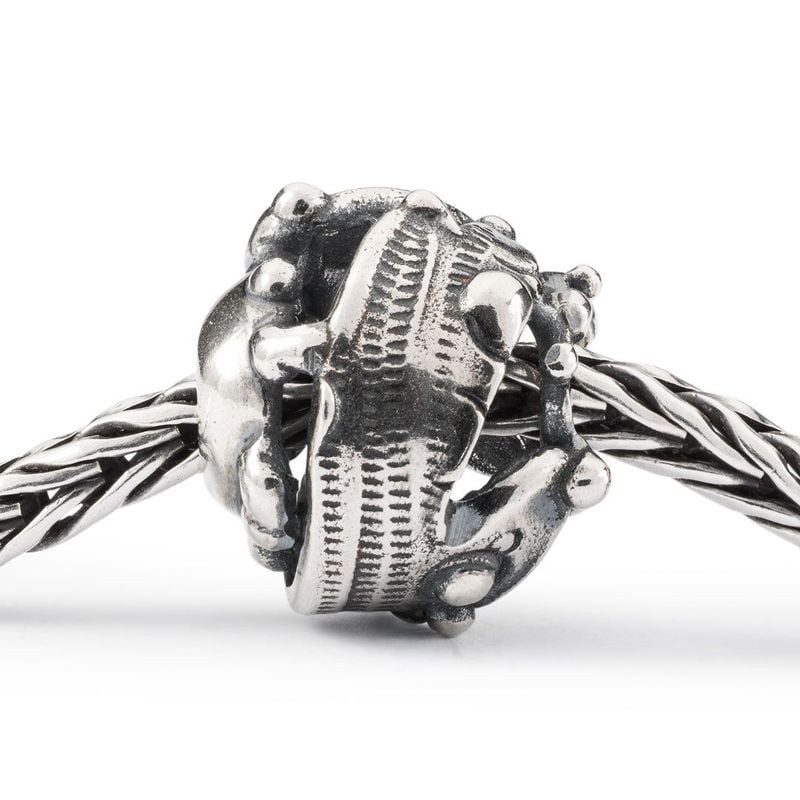 Perle charm Trollbeads Terre Fleurie en argent sur bracelet tressé Trollbeads, relief de prairie fle