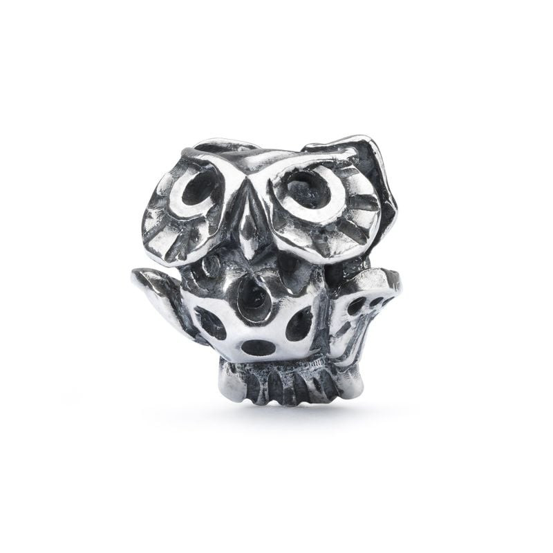 Perle de charme Trollbeads Sage Hibou en argent sterling, vue de face, détails oxydés sur fond blanc