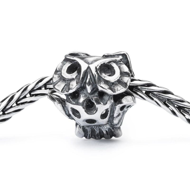 Perle de charme hibou Sage Hibou sur bracelet tressé Trollbeads en argent sterling, fond blanc