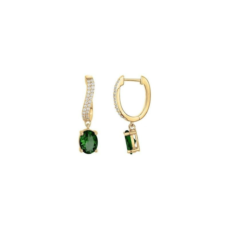 Boucles d'oreilles pendantes Griffe Rouge plaquées or avec pierre synthétique verte ovale et oxydes 